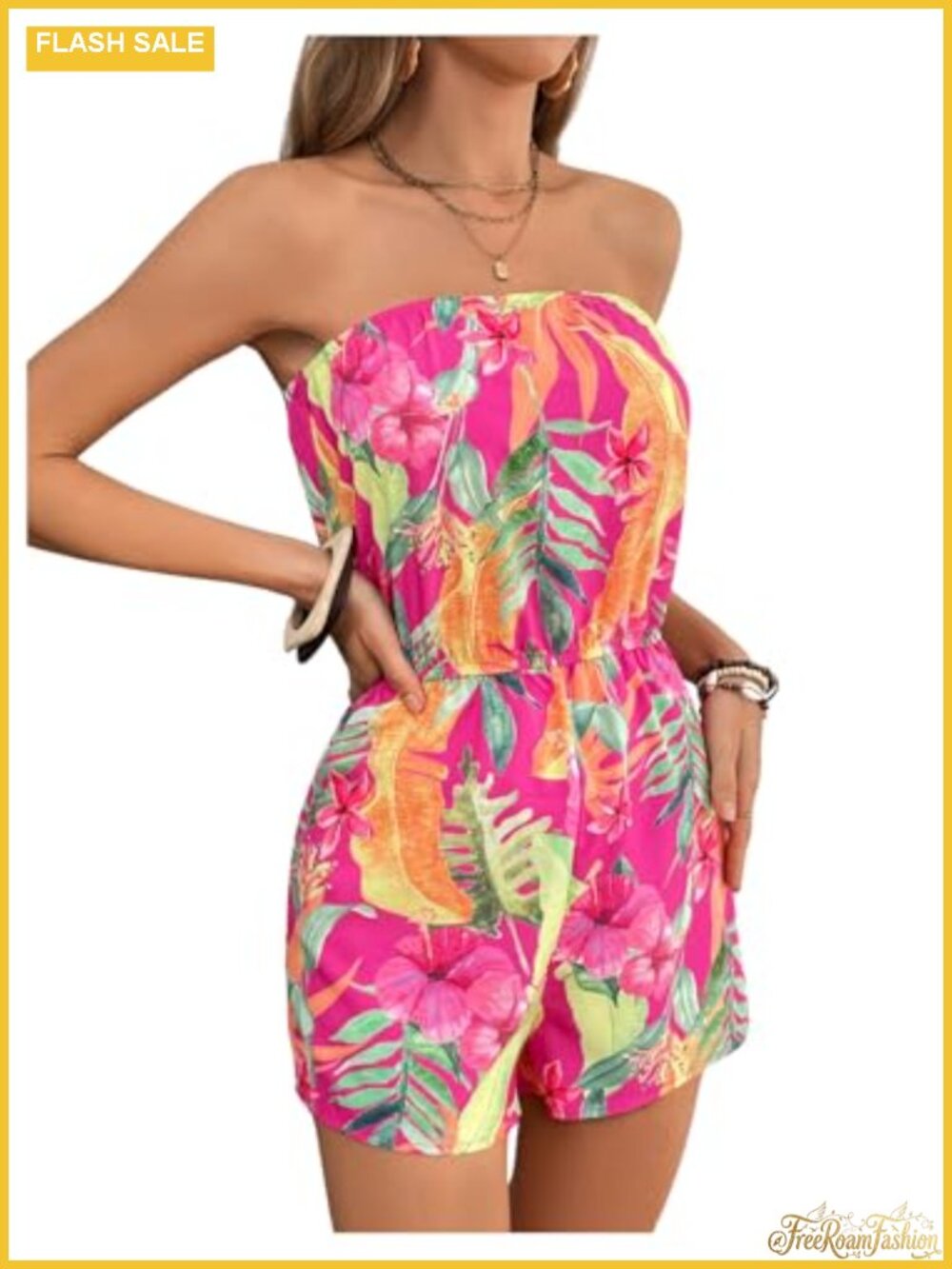 Women's Tropical Print Strapless Tube Romper Jumpsuit Boho Shorts